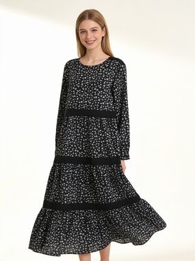 Jacqueline de Yong Black White Floral Tiered Maxi Dress Long Sleeve M